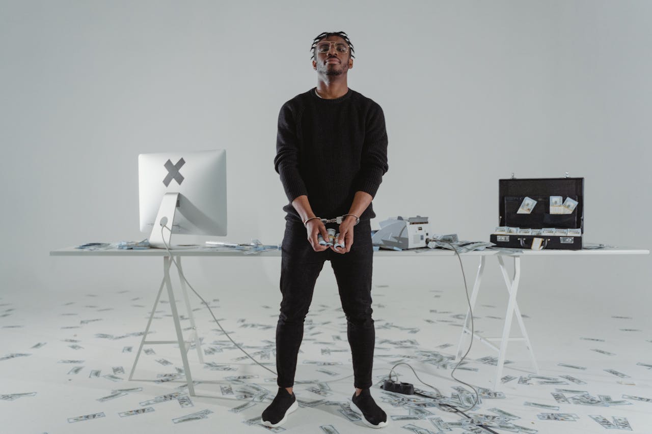 A handcuffed man stands in a room with scattered money, a computer, and a briefcase.
